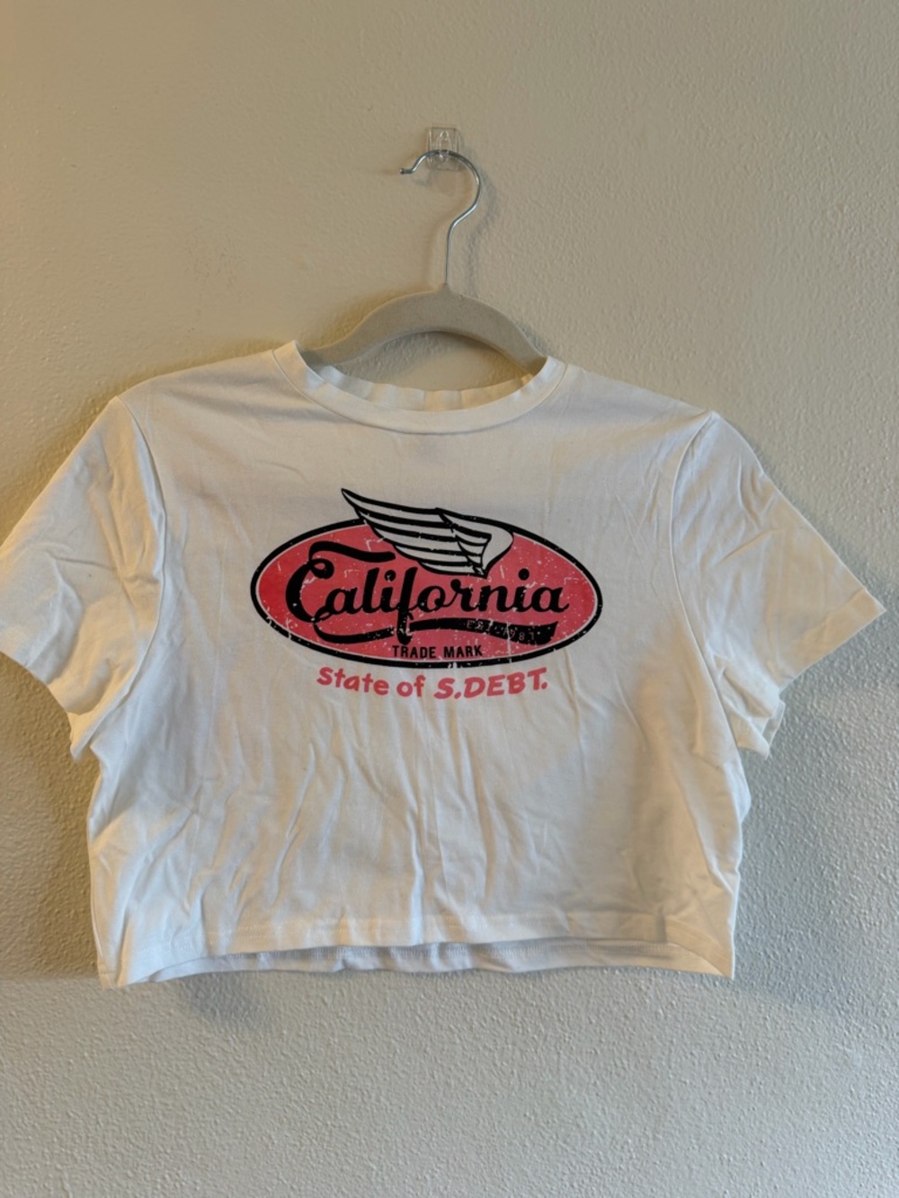 White Crop Tee with Pink California Graphic